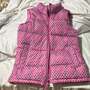 Lands End L 6x/7 Pink navy blue Heart Patterned Puffer Vest pockets euc